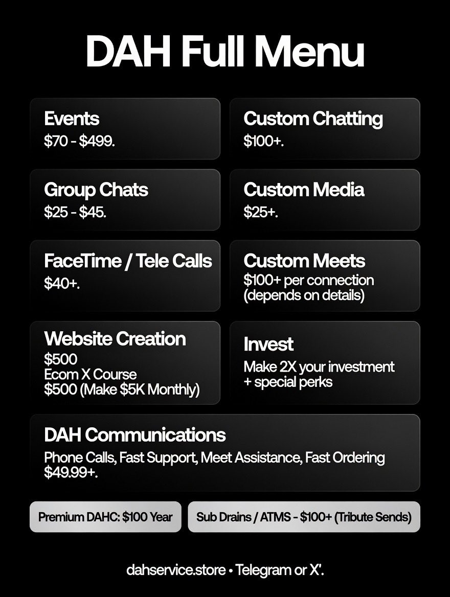 DesiresAHX's tweet photo. DAH Menu 

Please DM us if you’d like to know about options we promote that you don’t see on this menu. Those options might be temporary or part of a testing menu.

You can shop on X, Telegram (https://t.co/L6nwYF2TjH), or visit https://t.co/CVIRI1dYep for support. https://t.co/Sg1Y0ejzOC