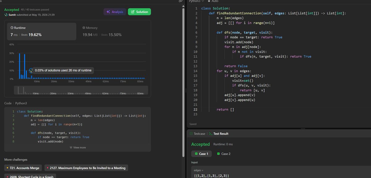 DevSumitG's tweet photo. Day 142 of LeetCode 🧠

Redundant Connection (DFS)

Add edge → check cycle → return the redundant one.

Cycle detection practice continues.

#LeetCode #Python #DSA https://t.co/Xa3mlY8iqv