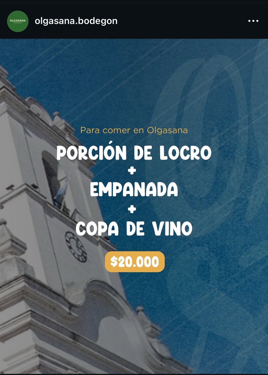 valenlueticc's tweet photo. @PreciosRosario2 en olgasana está $20.000 en salon con empanada y vino, y $17.000 el locro para llevar https://t.co/tvBbuURCGl