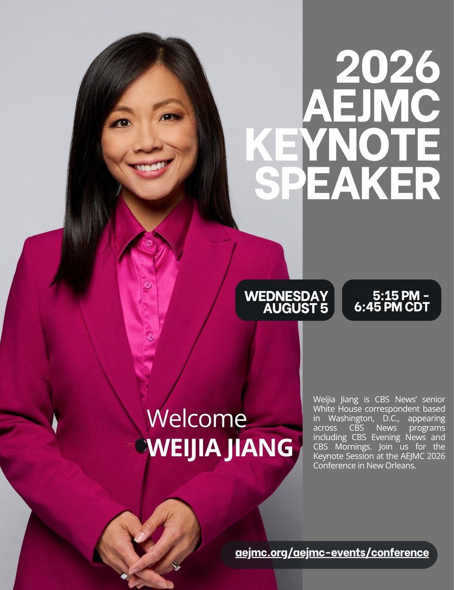 AEJMC's tweet photo. AEJMC is excited to announce the 2026 Conference Keynote Speaker, Weijia Jiang. @weijia is CBS News’ senior White House correspondent based in Washington, D.C., with reporting featured across all CBS News broadcasts.  #AEJMC26 
https://t.co/jYACWwClMb https://t.co/ytB2C6yCqE