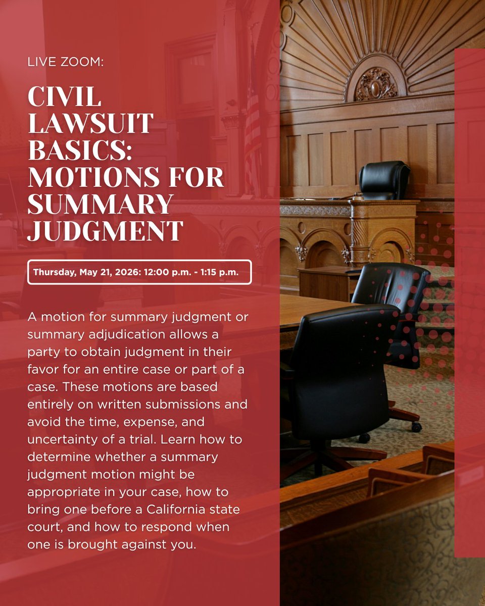 LALAWLIBRARY's tweet photo. Join us on Thursday, May 21, to explore how to assess, file, and respond to summary judgment motions in California state court. This class approved for Court Interpreter Minimum Continuing Education (CIMCE) credit. Register here: https://t.co/oUQsCGEQmt https://t.co/lT7uvGuFWI