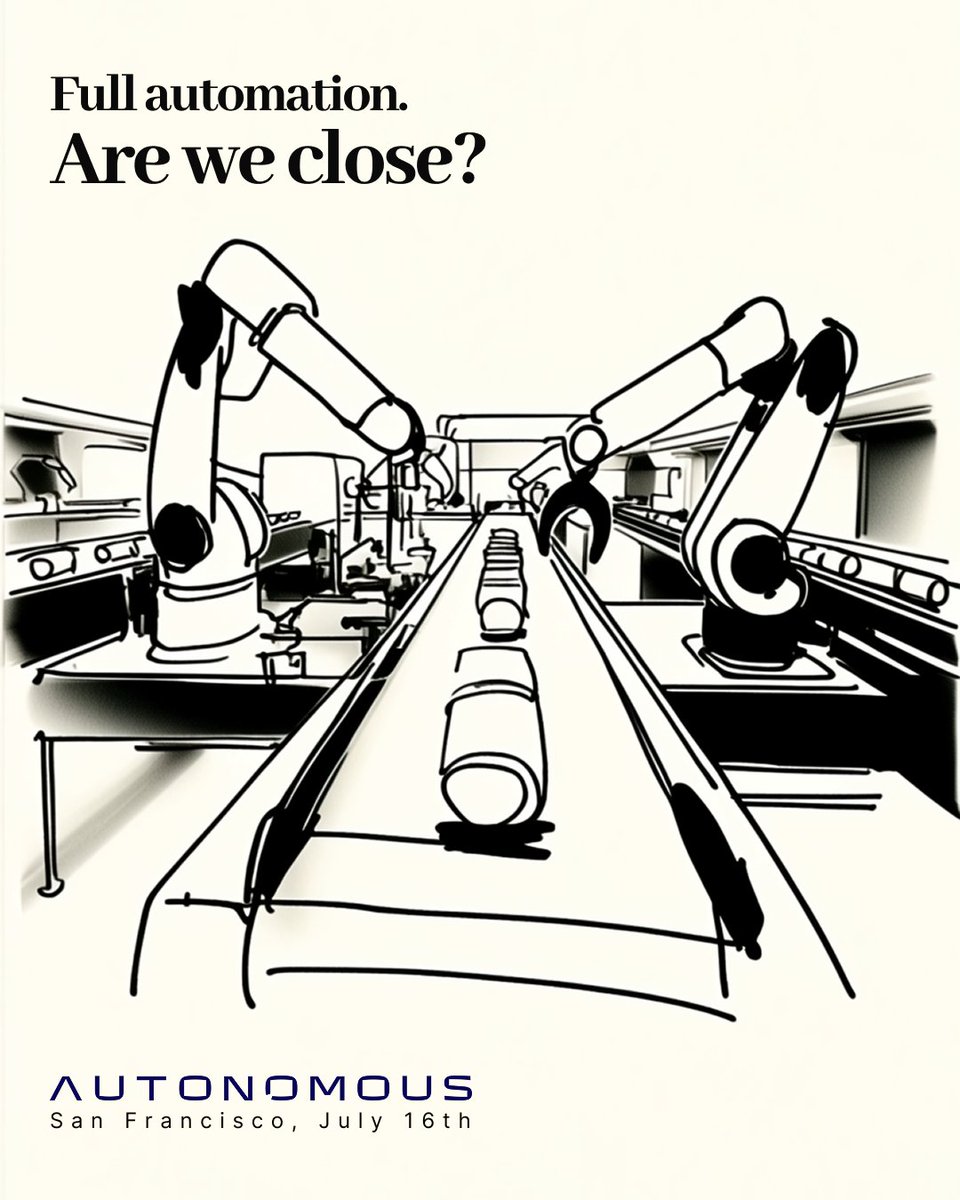 autonomousevent's tweet photo. How close are we to seeing full automation in robotics? 
The bottleneck is never the robot.

4.66 million industrial robots now operating in factories worldwide. Payback periods on automation down 75% in five years. Kodiak hitting a 78% Autonomous Readiness Metric for long-haul trucking. Amazon running 1 robot for every 1.5 human workers.

The machines are ready.

92% of manufacturers say automation is essential for competitiveness. 37% have significant automation in place. The Pentagon just requested a 24,000% budget increase for autonomous warfare in a single cycle.

Every sector tells the same story. Capability is not the problem. Regulatory frameworks, procurement cycles, workforce readiness, legal oversight requirements, it's the systems built around the technology that are consistently the last thing to catch up.

Physical AI is not waiting for a breakthrough, development is steady, research and simulation testing both compound interest. What it is waiting for is for the environment around it to be ready. 

That conversation is happening in San Francisco on July 16th. AUTONOMOUS lands in SF as the premier physical AI & robotics conference that the industry needs. 
Putting the right founders, investors, engineers and buildings in the same room.