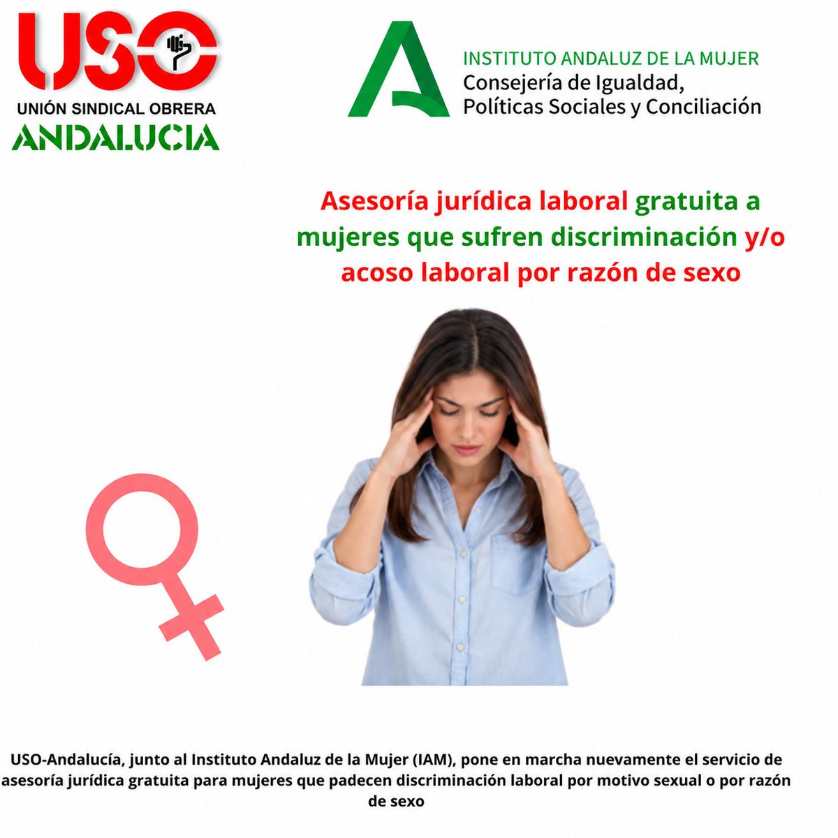 USOAndalucia's tweet photo. ¿Has sufrido o visto discriminación en el trabajo? No estás sola. 🤝
En USO Andalucía te ofrecemos asesoramiento jurídico gratuito y confidencial junto al IAM. 💼⚖️
Te ayudamos a defender tus derechos.
🔗 https://t.co/OoPxDEy6P4
#USOAndalucía #IgualdadLaboral #DerechosLaborales https://t.co/B2I7eehWwy