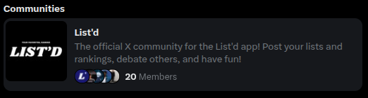 RankOnListd's tweet photo. We are officially opening List'd's community on X!
Feel free to join if you use the List'd app, or like seeing lists.
Open to anyone! Link is on our profile https://t.co/q7ttPw5SAK
