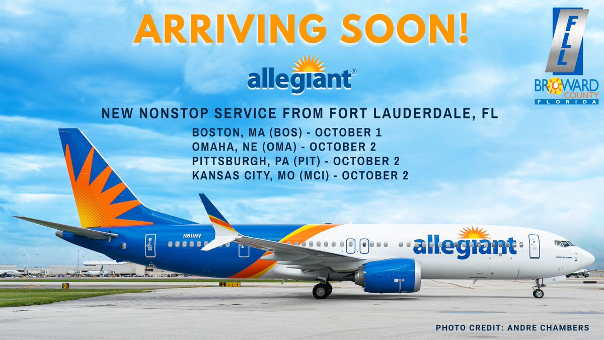 FLLFlyer's tweet photo. More options for exciting adventures are taking flight soon. @Allegiant is adding four new routes this fall! Start your getaway from #FLL to Boston (BOS) on October 1, and beginning October 2, you can also fly nonstop to Omaha (OMA), Pittsburgh (PIT), and Kansas City (MCI). Airfares start at just $59 one-way for select cities. For more details or to book your journey, visit https://t.co/YbZqAo35oI. https://t.co/nvVyyD6UGZ