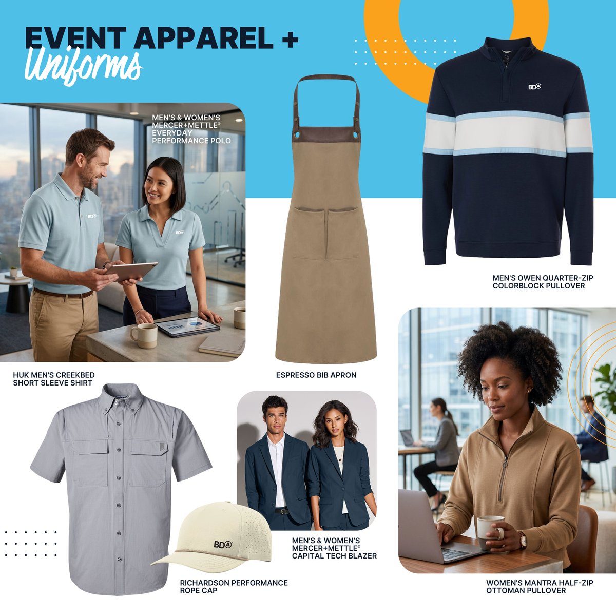 BDAinc's tweet photo. With expert design, sourcing, and craftsmanship, our customized apparel keeps teams looking sharp while delivering comfort and alignment to every interaction. Explore our event and uniform solutions: https://t.co/lLKbflzgI4 https://t.co/sCceVSetn6