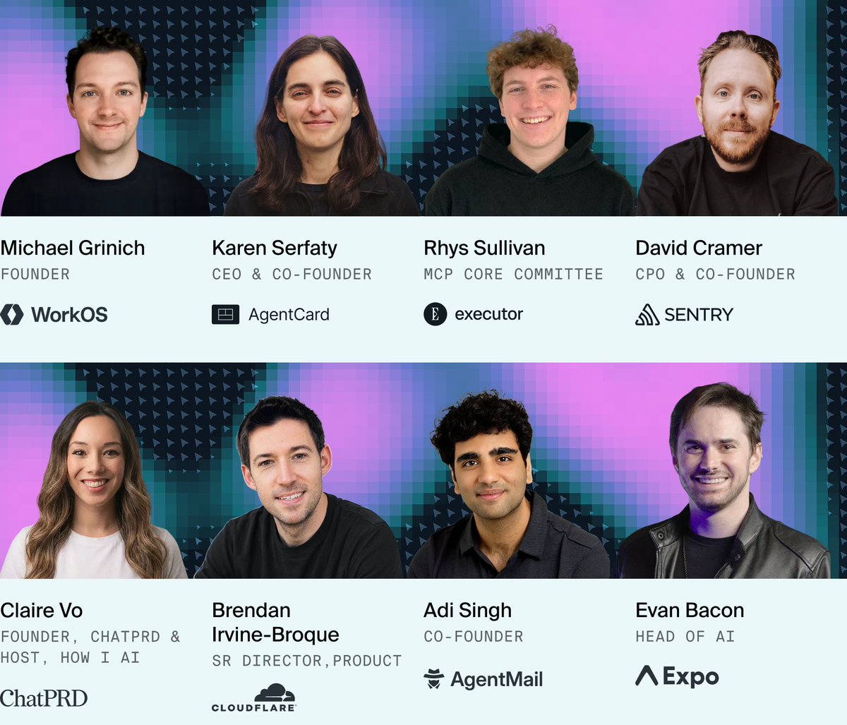 grinich's tweet photo. MCP Night: Agent Mode is 2 days away, and we have a stacked lineup of speakers and presenters:

@adisingh - AgentMail
@irvinebroque - Cloudflare
@clairevo - ChatPRD
@zeeg - Sentry
@baconbrix - Expo
@keyserfaty - AgentCard
@RhysSullivan - Executor

Plus a special demo from the @WorkOS team... 😏

See you there!