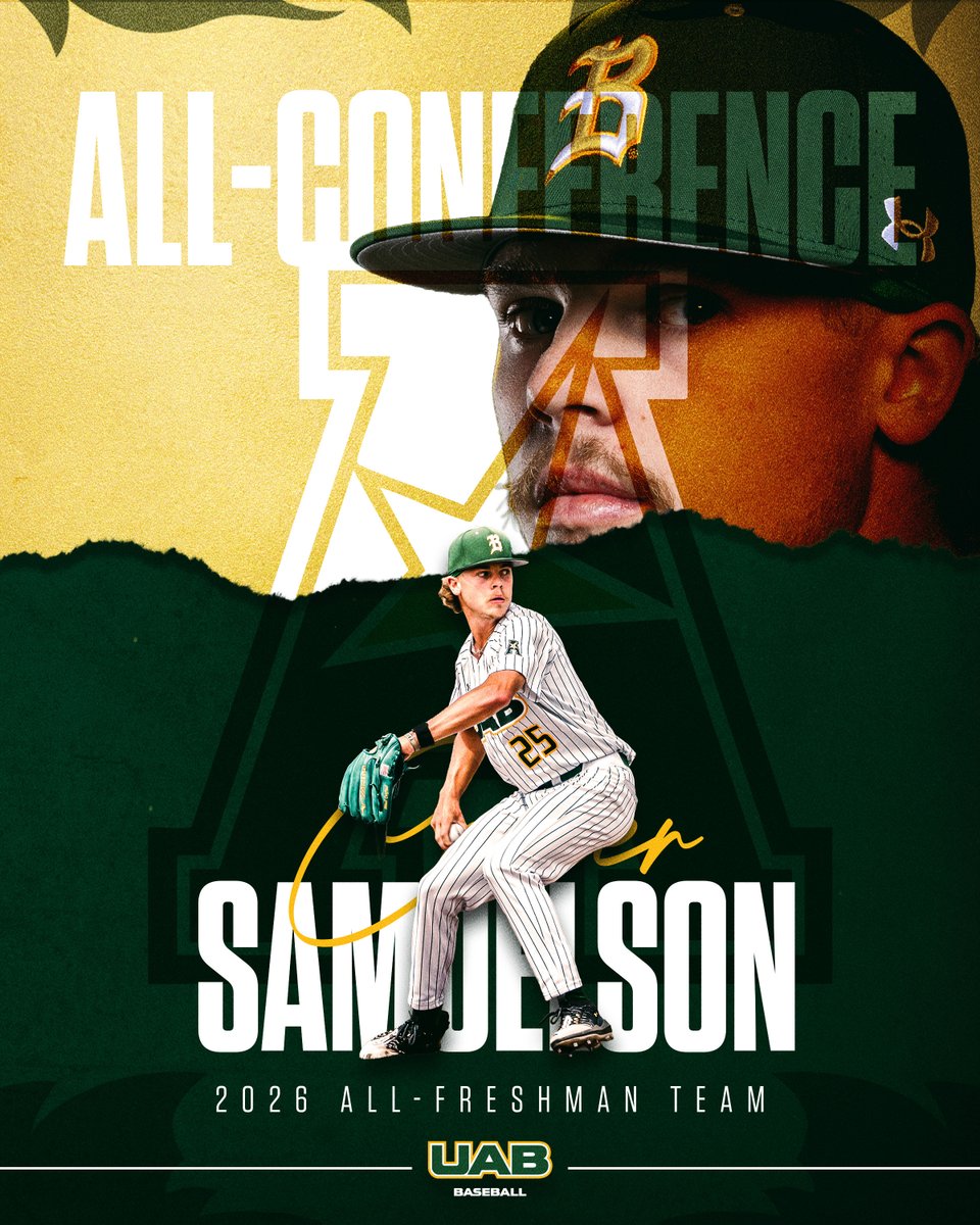 UAB_Baseball's tweet photo. Carter Samuelson: All-Freshman Team!

Samuelson tallied 56.1 innings as a true freshman for the Green and Gold! https://t.co/TsuGZWxduH