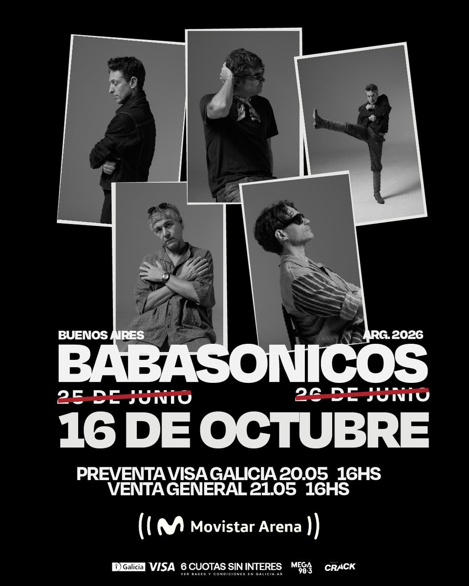 babasonicos's tweet photo. MOVISTAR ARENA
25.06 Y 26.06 AGOTADOS

NUEVA FECHA 16.10
Preventa Visa Galicia - 20.05 16hs
Venta General - 21.05 16hs https://t.co/jxb4GX0ics