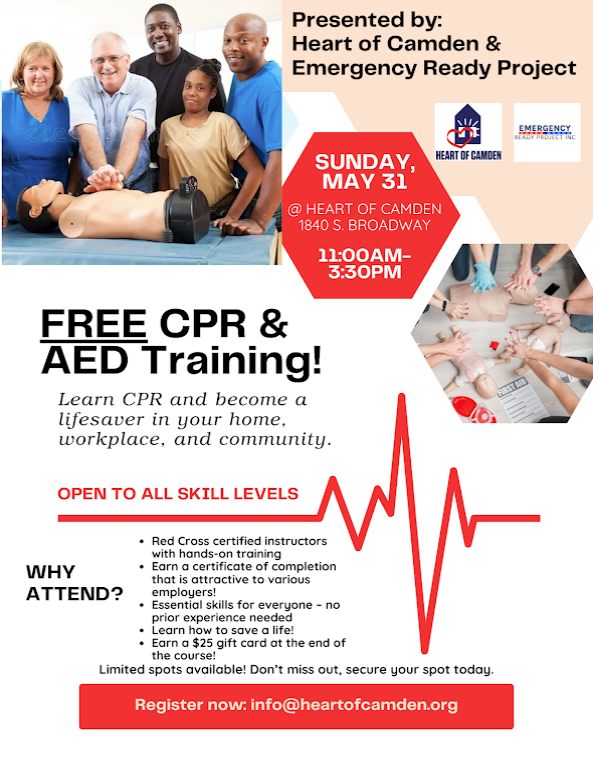 CamdenOne's tweet photo. Free CPR &amp; AED training this Sunday in Camden—learn a skill that saves lives. Open to all levels. Register now: info@heartofcamden.org #CamdenNJ https://t.co/Mw0go0J9iN