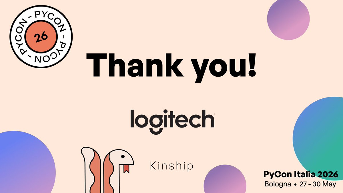 pyconit's tweet photo. ⌨️ Big news — Logitech is a Kinship Sponsor of PyCon Italia 2026! 🐍

https://t.co/72PPwHxqz1

Tickets 👉 https://t.co/u7BXAQEWzv

#PyConIT #PyConIT2026 #Python https://t.co/Uz23BfgKb8