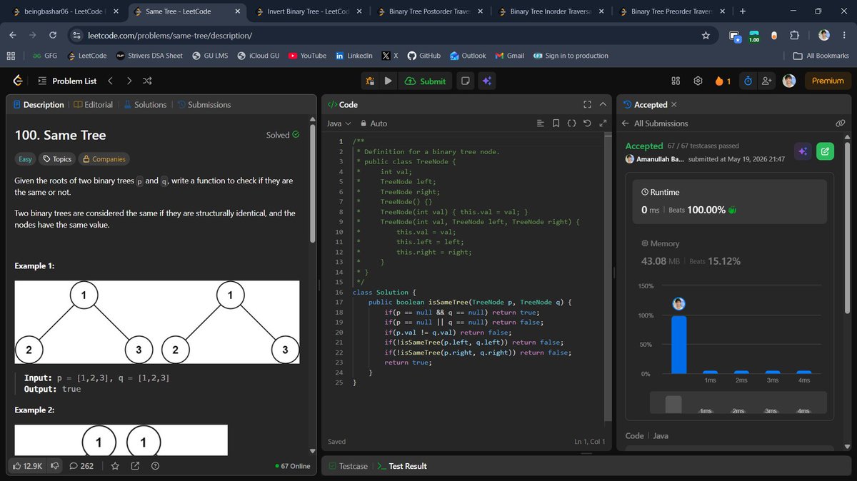 beingbashar06's tweet photo. #Day91 of #100DaysOfCodeChallenge

Solved multiple Binary Tree and traversal problems today.

• Same Tree
• Invert Binary Tree
• Binary Tree Postorder Traversal
• Binary Tree Inorder Traversal
• Binary Tree Preorder Traversal
Day 91 done ✅

#100DaysOfCode #LeetCode #DSA https://t.co/OsUgfTASu7