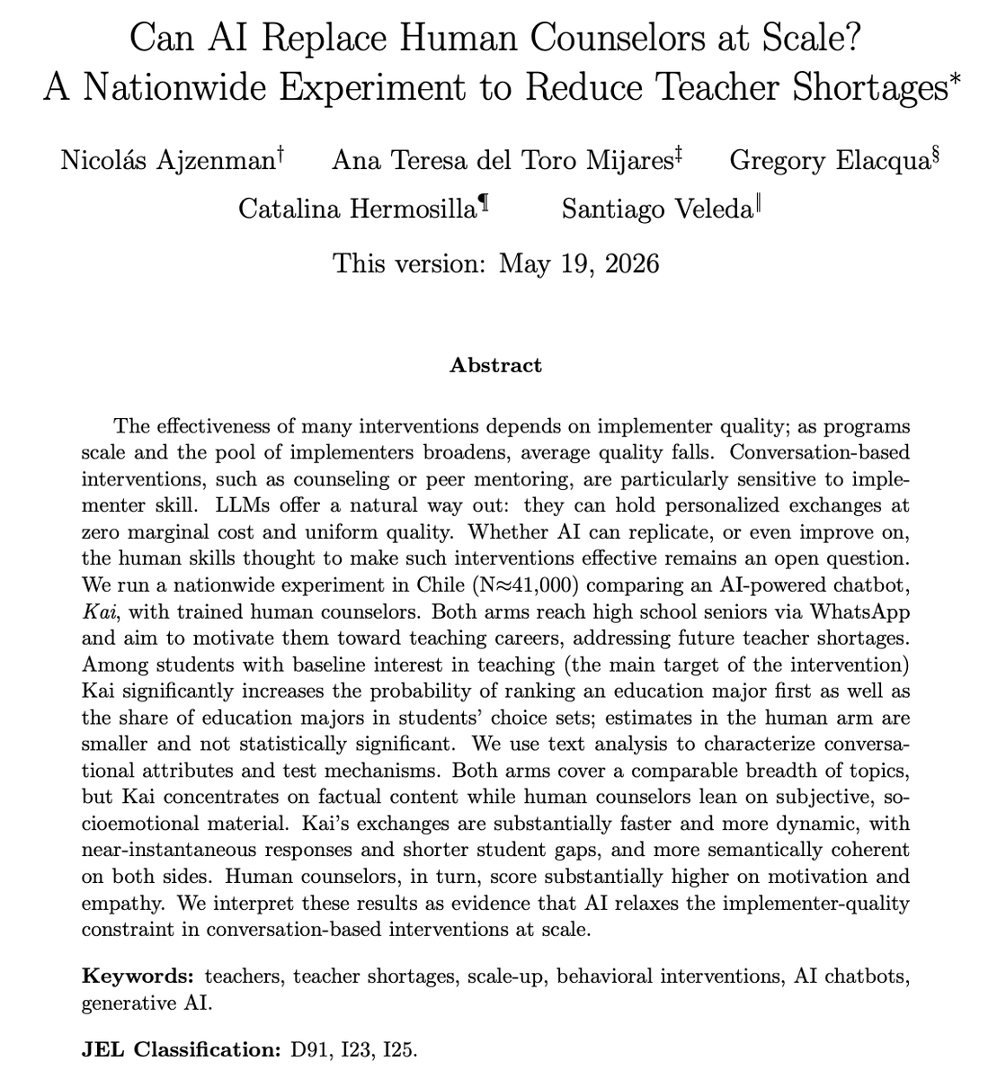 Nicolas_Ajz's tweet photo. New WP 🥳

Can AI replace human counselors?

Large RCT (n=41K) comparing an AI chatbot vs. trained human counselors to motivate high school seniors toward teaching careers.

Summary: If anything, bots outperformed humans at a smaller cost and reduced human quality heterogeneity. https://t.co/hpGcBNiYK1