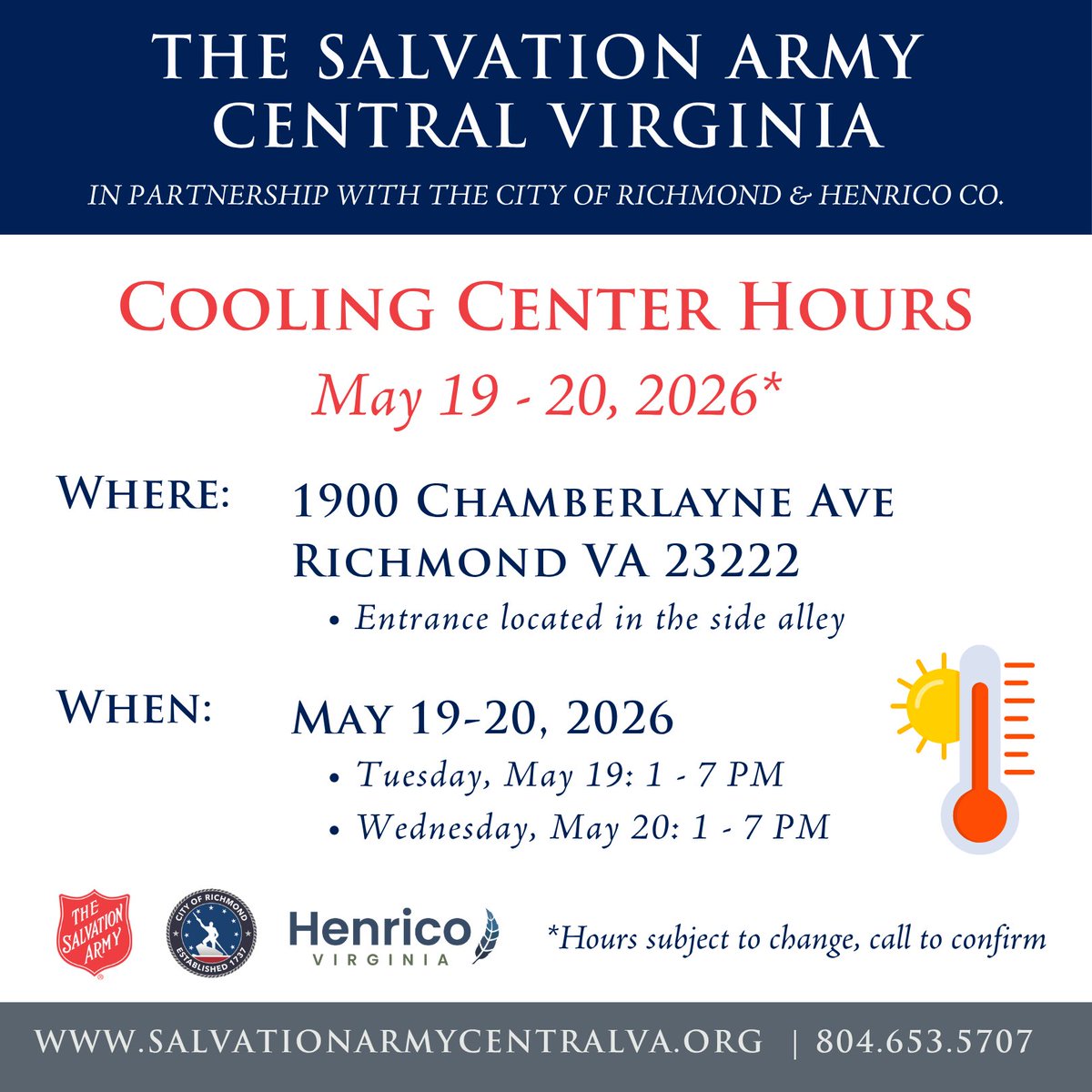 SalArmyRVA's tweet photo. We are in cooling center operations mode this week.

📍 1900 Chamberlayne Ave.
⏰ May 19 and 20, 1–7 PM
🧊 Hydration, snacks + A/C available
😀 Adults 18+

Please share. 

In partnership with @CityRichmondVA  and @HenricoEMWS  

#salarmyrva #richmondva https://t.co/1yLwPM8Lj1