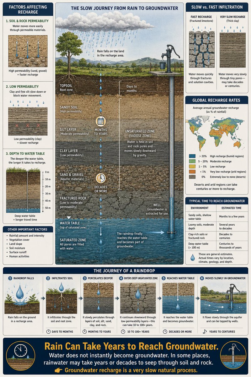 MadaraKingli's tweet photo. 💧 Rain Can Take Years to Reach Groundwater
Water does not instantly become groundwater. In some places, rainwater may take years or decades to seep through soil and rock.
👉 Groundwater recharge is a very slow natural process.
#Hydrogeology #Groundwater #WaterScience https://t.co/6jSbIDWY4t