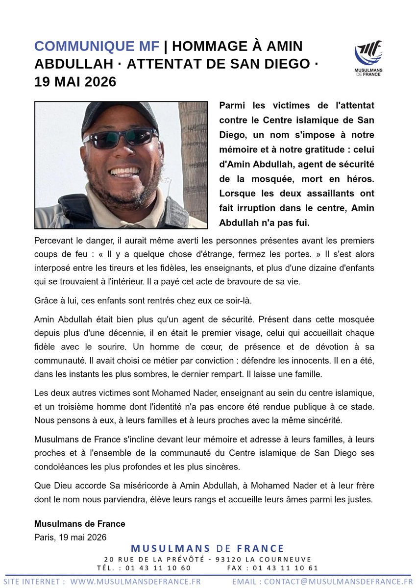 MF_Musulmans's tweet photo. Musulmans de France rend hommage à Amin Abdullah, héros de San Diego. Il n'a pas fui. Il s'est interposé entre les tireurs et les enfants. Lire notre communiqué complet 👇🏽 https://t.co/UlW7N3jDJ0