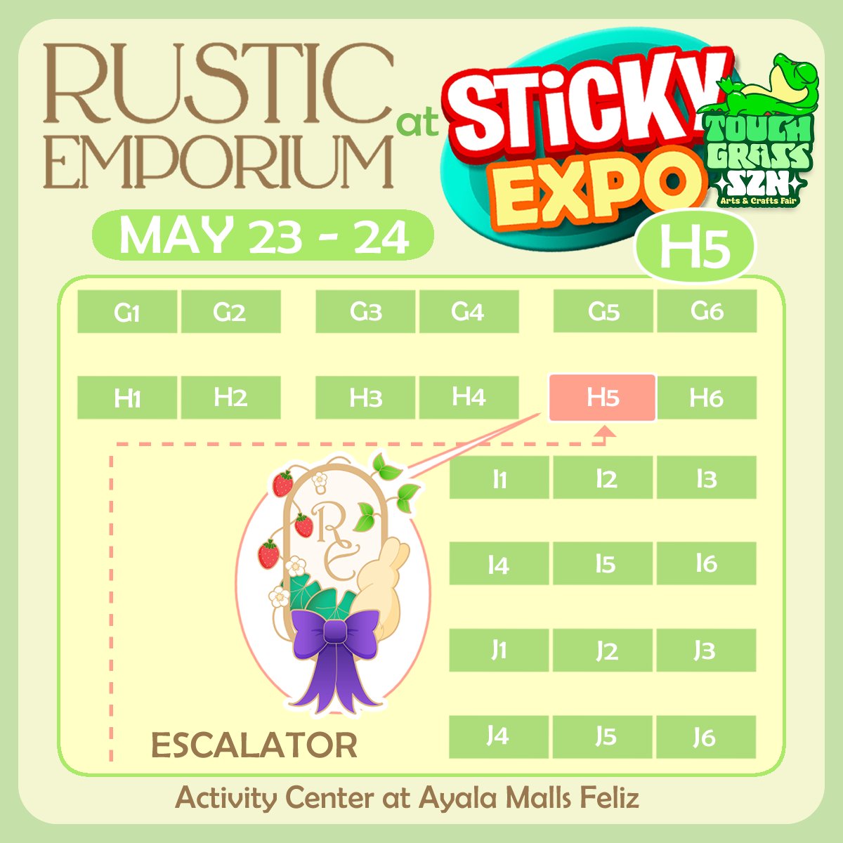 RusticEmporium's tweet photo. 🌿STICKY EXPO - TOUCH GRASS SZN☘️

Are y'all ready to touch some concrete grass!! Catch us this weekend at Sticky Expo!!

🗓️May 23 - 24
🏬Activity Center at Ayala Malls Feliz

Our artists will be posting their catalogues separately so stay tuned!
#stickyexpo2026 #TOUCHGRASSSZN https://t.co/9LiVmQzkgp