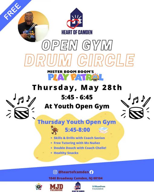 CamdenOne's tweet photo. Thursday night in Camden: Free drum circle &amp; open gym at Youth Open Gym, 5:45pm. Skills training, tutoring &amp; snacks included. This is neighborhood care in action. #CamdenNJ https://t.co/vRfTLHUIzN