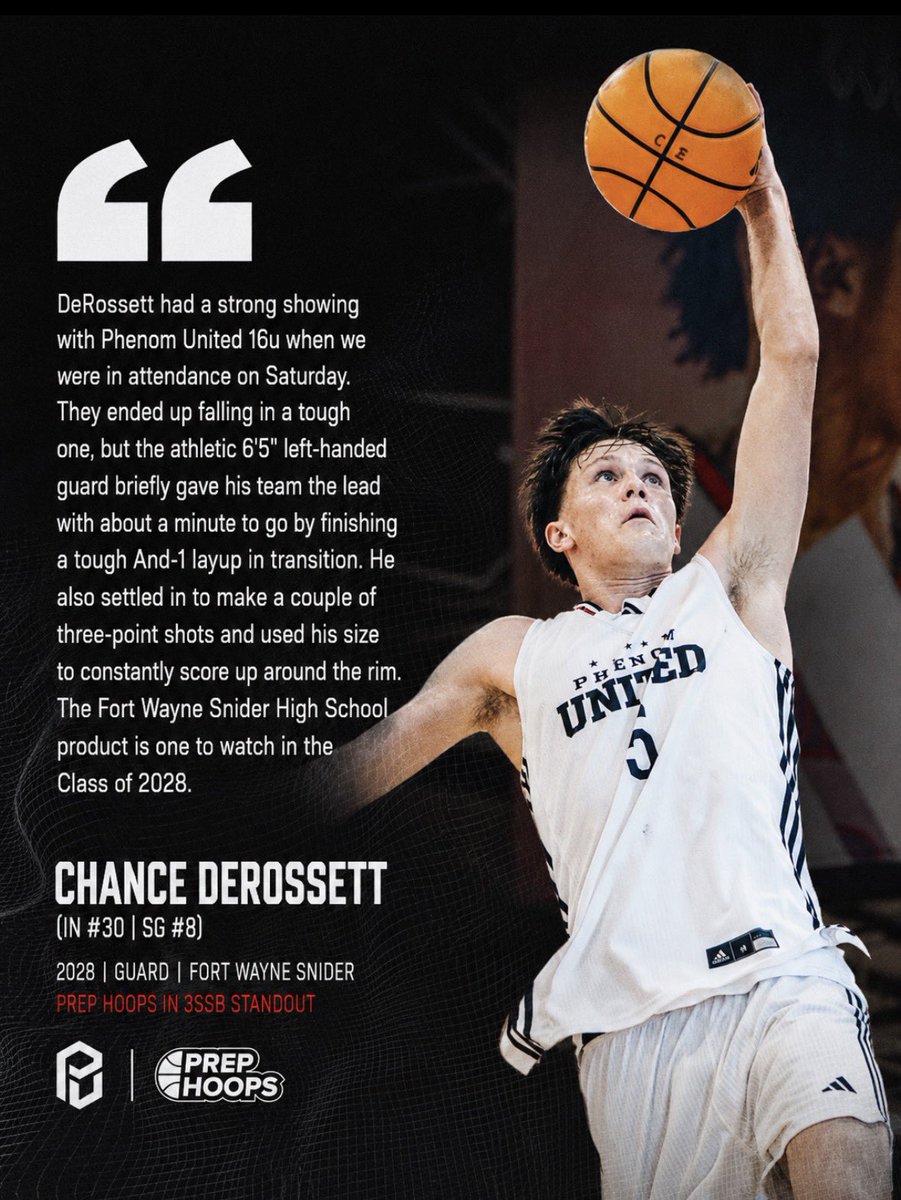 Phenom_United's tweet photo. 2028 6’5 @SniderHoops G @ChanceDeRossett had it going this weekend &amp; was named a Prep Hoops IN 3SSB Standout‼️

DeRossett saved his best for session II, turning in 9ppg, 3rpg &amp; shooting 37% from 3 🔥 https://t.co/6QrmmVzd1l
