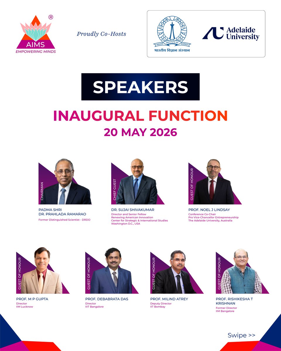 AIMSinstitutes's tweet photo. Meet the speakers for the International Conference on Innovation &amp; Entrepreneurship for Deep-Tech Startups.

Venue: JN Tata Auditorium, IISc Bangalore | 20-22 May 2026
#aimsinstitutes https://t.co/8BRKTGU5DW