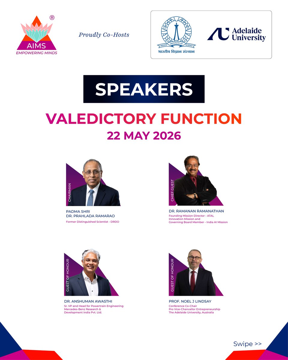 AIMSinstitutes's tweet photo. Meet the speakers for the International Conference on Innovation &amp; Entrepreneurship for Deep-Tech Startups.

Venue: JN Tata Auditorium, IISc Bangalore | 20-22 May 2026
#aimsinstitutes https://t.co/8BRKTGU5DW