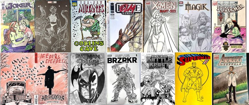 Cornerverse's tweet photo. Some of the blank sketch covers I have done. Some older, some newer… will let you guess which is which. I feel much more confident now than at first. Getting a groove on. What can I do for YOU. Here are also some of the blanks I still have OR you can provide your own. Hit me up. https://t.co/QusVxbuB35