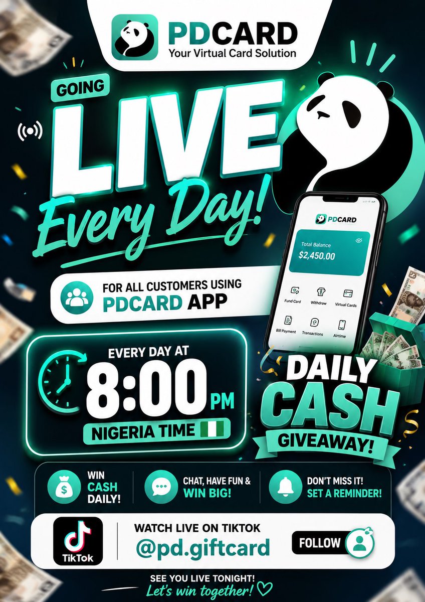 PDGiftcard's tweet photo. ๐ Weโll be LIVE every day at 8:00 PM Nigeria Time ๐ณ๐ฌโฐ for all customers using the PDCARD App ๐ฑ๐ณ.
Follow our TikTok @pd.giftcard and join the live every day to participate in the giveaway.
๐ตโจ
#PDCard #GiftCardTrading #Nigeria #giftcards #GIVEAWAY https://t.co/naFaFsucMU