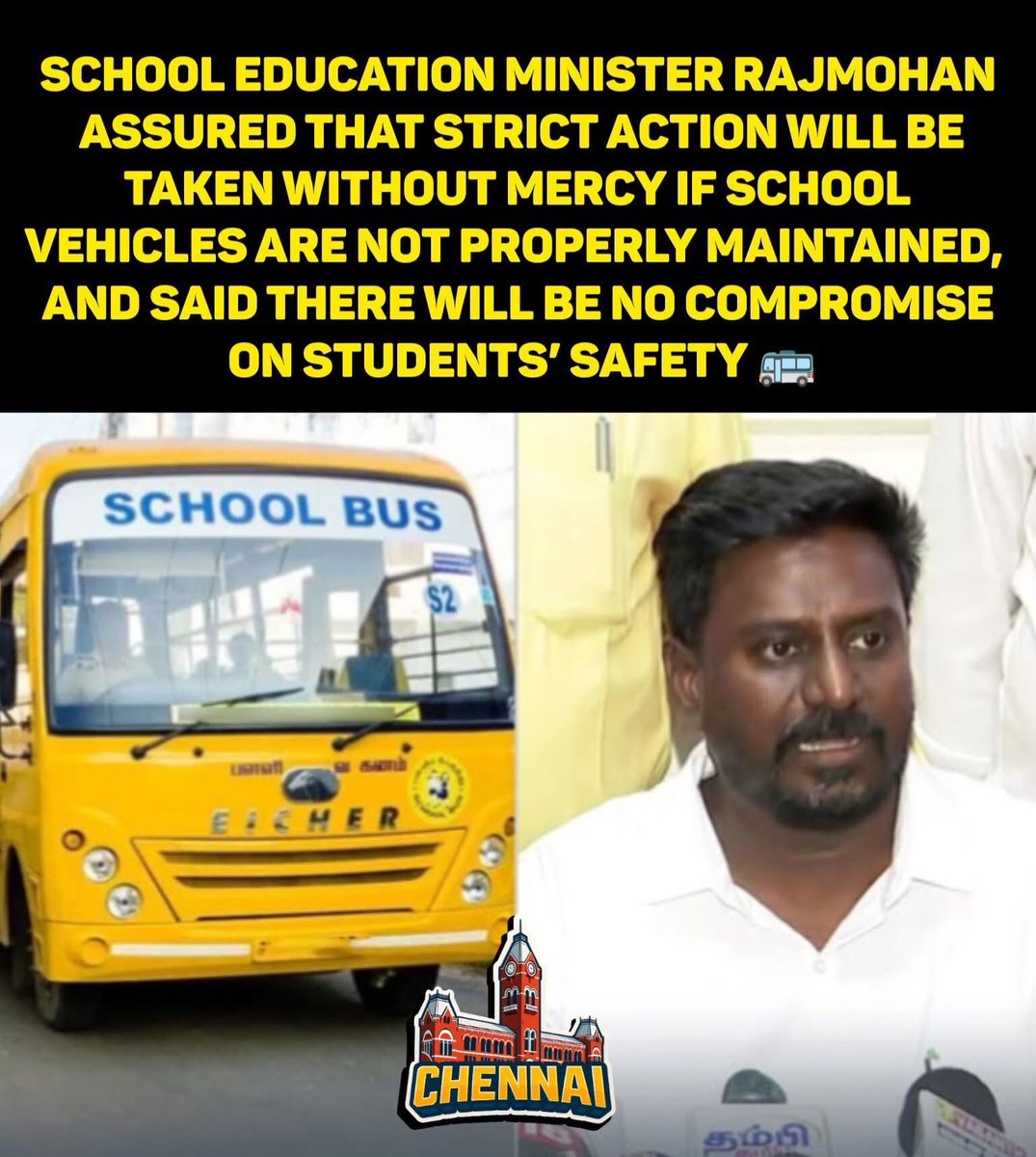 memeschennai's tweet photo. Rajmohan assured that strict action will be taken without leniency if school vehicles are not properly maintained, emphasizing that there will be no compromise on students’ safety. 🏫🚌⚠️
#SchoolSafety #TamilNadu #StudentsSafety #SchoolEducation #Rajmohan #SchoolVehicles #SafetyFirst #EducationDepartment