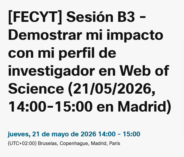biblioUPM's tweet photo. Demostrar mi impacto con mi perfil de investigador o investigadora en #WebofScience : #TallerdeAutores online en #Webex sobre #WoS el jueves 21/05 de 14 a 15 h : inscripción : [https://t.co/LionoYCBc4] #somosUPM #EELISAlibrary #CESAERlibrary https://t.co/YtsxYVqH6o
