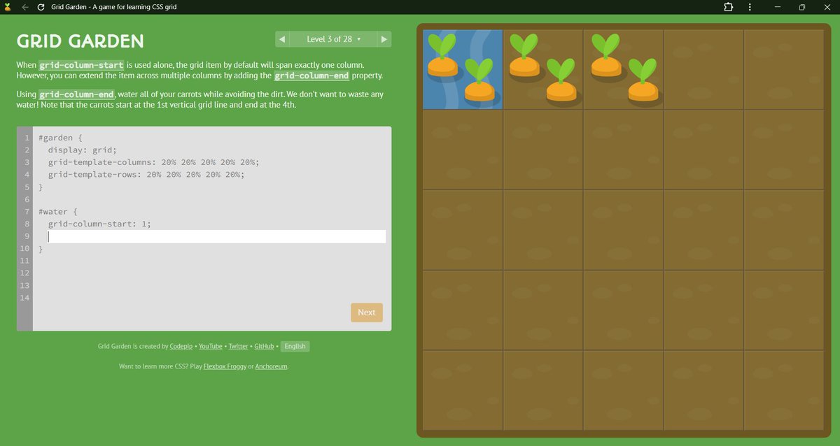 abhayyadav19955's tweet photo. 🌱 Day 29: Completed all 28 levels of Grid Garden!
Fun + challenging way to practice CSS Grid, and now it finally feels natural.
@CoderArmy @rohit_negi9 
#Day29 #CSSGrid #CodingJourney #WebDevelopment #CoderArmy https://t.co/rcZiGbi1Vq