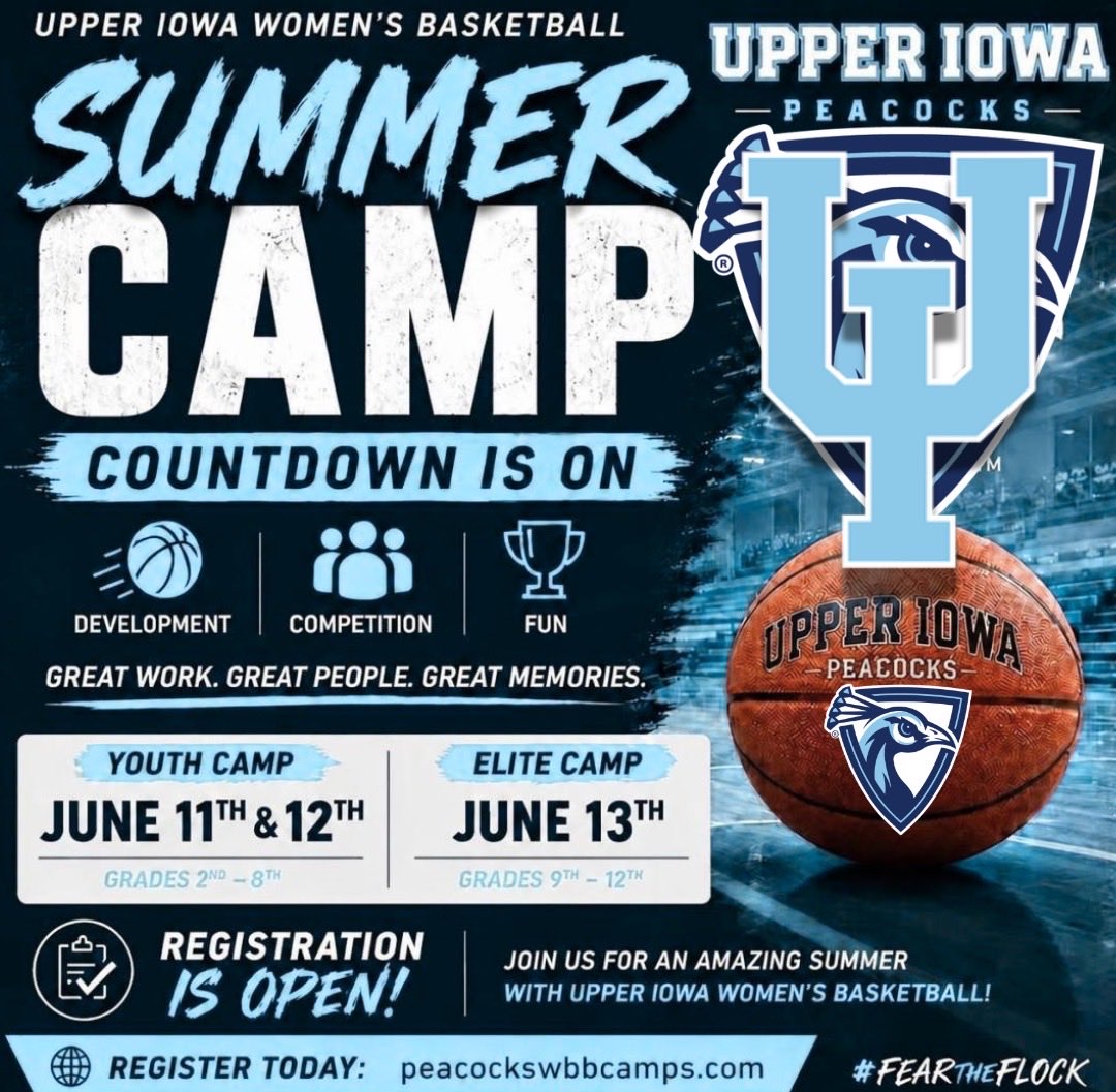 UIU_WBB's tweet photo. ⏰ Reminder 🏀
Only 23 days until our first camp!

🗓️Mark your calendar with Upper Iowa Women’s Basketball &amp; the Peacocks. We’re excited for a great few days of work, development, and competition! 🦚

Register here: https://t.co/2Eicfmsw8u https://t.co/wdqrQsWLVf