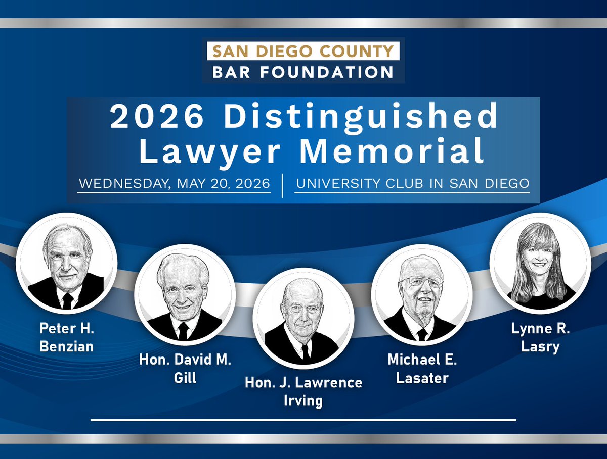 SDBarFoundation's tweet photo. TOMORROW! Register to attend our Distinguished Lawyer Memorial virtually at: https://t.co/rwqFoiYbr7. May 20th at 6 pm via Zoom.

Interested in donating and continuing the legacy of our 2026 inductees? Learn more at: https://t.co/Nwb6BfByQY or donate at https://t.co/3s22IbXQqP https://t.co/mLJtOQDhQ9