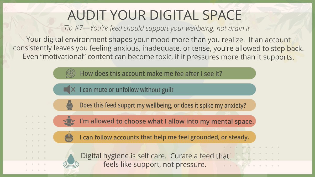 doctorzsoffice's tweet photo. Tip #7: Your digital space impacts &amp; shapes your mental space. Take a moment to audit your feed. If an account makes you feel “less than,” anxious, or drained, you’re allowed to mute or unfollow it—even if it’s a so‑called motivational page. Protect your peace daily online. #MHAM https://t.co/sEFCa44tn9