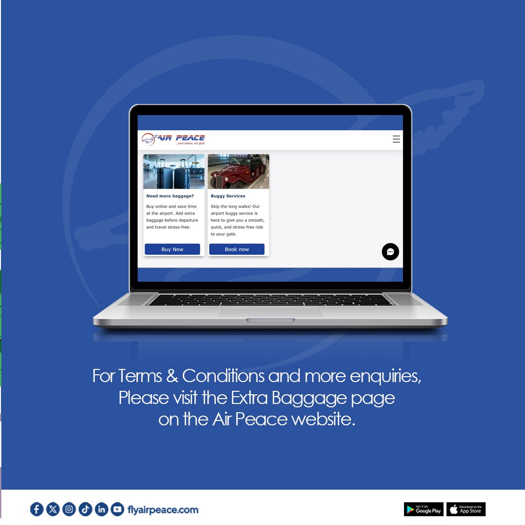 flyairpeace's tweet photo. That last-minute airport baggage payment? Avoid it. 

Prepay your extra baggage online before your flight and enjoy better rates, faster processing, and a smoother airport experience.

Travel smarter with Air Peace.
Book and manage your trip at https://t.co/y7kVGFWnni

#FlyAirPeace #TravelSmart #BetterDealWithAirPeace