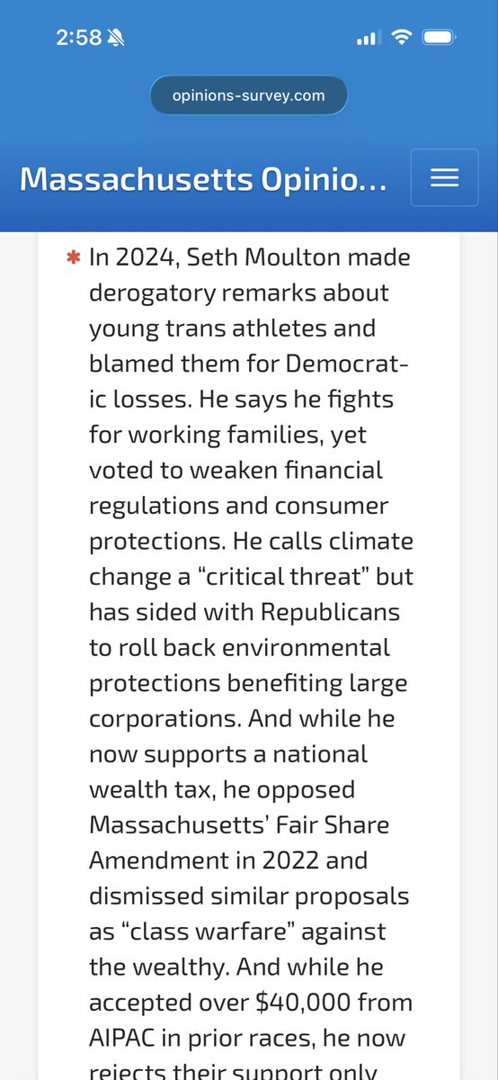 ShaunaCDaly's tweet photo. Got a survey presumably from the Markey camp testing messages against Moulton. I didn’t get a screen grab, but the most interesting q was whether I like Graham Platner (no other non-MA pols were mentioned) #mapoli https://t.co/yZF6w94wY3