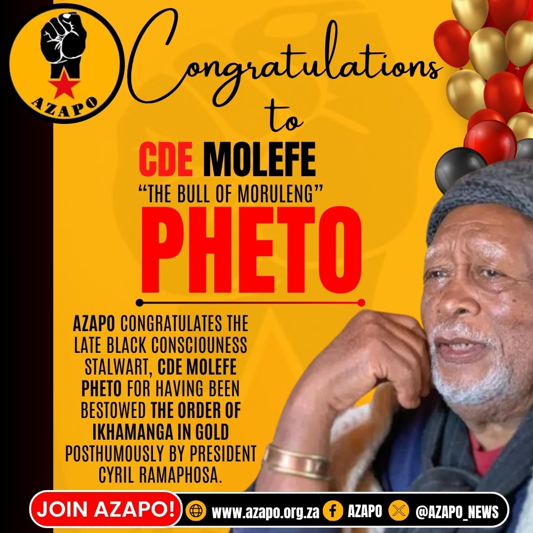 AZAPO_News's tweet photo. 🖤🧡❤️ AZAPO congratulates the late Black Conciousness Stalwart Cde Molefe Pheto on being bestowed by President with the Order of Ikamanga in Gold posthumously. https://t.co/IJSi21ZM5b