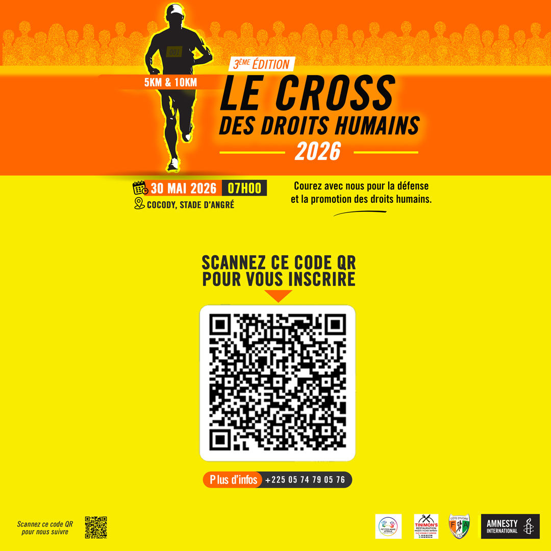 Amnesty_CI's tweet photo. 🟡 𝗟𝗘 𝗖𝗥𝗢𝗦𝗦 𝗗𝗘𝗦 𝗗𝗥𝗢𝗜𝗧𝗦 𝗛𝗨𝗠𝗔𝗜𝗡𝗦 𝟮𝟬𝟮𝟲 

𝗜𝗻𝘀𝗰𝗿𝗶𝘃𝗲𝘇-𝘃𝗼𝘂𝘀 𝗱𝗲̀𝘀 𝗺𝗮𝗶𝗻𝘁𝗲𝗻𝗮𝗻𝘁 𝗲𝗻 𝘀𝗰𝗮𝗻𝗻𝗮𝗻𝘁 𝗹𝗲 𝗤𝗥 𝗖𝗼𝗱𝗲 𝘀𝘂𝗿 𝗹’𝗮𝗳𝗳𝗶𝗰𝗵𝗲 𝗼𝘂 𝗲𝗻 𝗰𝗹𝗶𝗾𝘂𝗮𝗻𝘁 𝘀𝘂𝗿 𝗹𝗲 𝗹𝗶𝗲𝗻 : https://t.co/vZilkWZ5zP 

Rendez-vous le samedi 30 mai 2026 à Cocody, au Stade d'Angré, à partir de 07h00.

𝗟𝗮 𝗽𝗮𝗿𝘁𝗶𝗰𝗶𝗽𝗮𝘁𝗶𝗼𝗻 𝗲𝘀𝘁 𝗴𝗿𝗮𝘁𝘂𝗶𝘁𝗲, venez nombreux.

#AmnestyCoteDIvoire
#CrossDesDroitsHumains2026
#CourirPourLesDroitsHumains