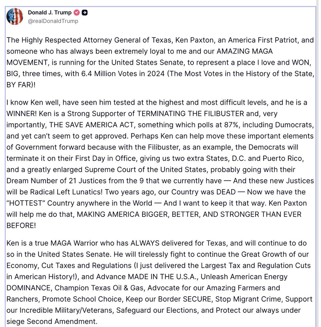 TheCalvinCooli1's tweet photo. 🚨Breaking News: President Trump has officially endorsed Ken Paxton (@KenPaxtonTX) in the 2026 Texas Republican Senate Primary Runoff https://t.co/sqzWbL9VsC