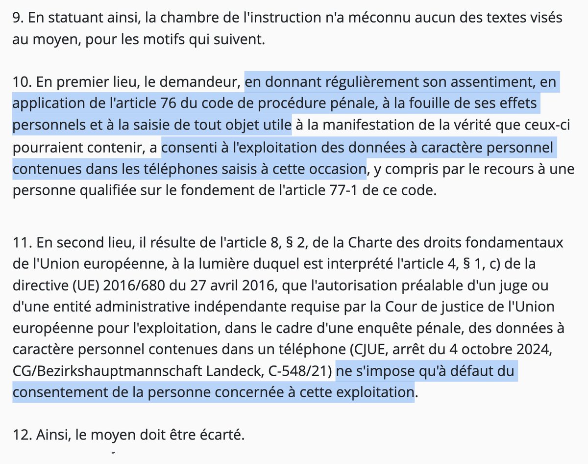 N_Hervieu's tweet photo. Vie privée &amp; procédure pénale : La @Courdecassation juge que si une personne consent à des fouilles &amp; saisies dans ses "affaires personnelles", elle admet aussi l'exploitation des données de son téléphone.

Même verrouillé.

Ce consentement désactive alors une série de garanties. https://t.co/rOYZW6Vnj7