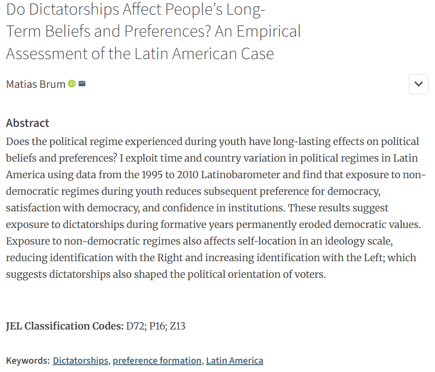 Matias__Brum's tweet photo. Do dictatorships leave a permanent mark on people's minds? New paper out in @EconomiaLACEA: growing up under authoritarian rule in Latin America durably erodes democratic values and shifts political orientation to the Left. https://t.co/TEoUvtJS2m https://t.co/hSQ790KLs7