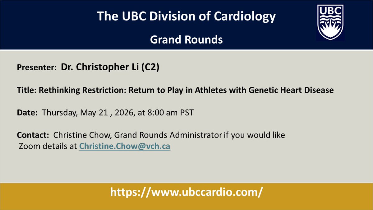 CardioUBC's tweet photo. Upcoming Grand Rounds with Dr. Li. Division Members stay informed. #Cardiology #HeartHealth #VancouverCardiology #UBCCardiology #FraserCardiac
@HLIStPauls
#DCI #DilawriInstitute #cardiovascularcare
@CardioUBC #UBCCardiology #CardioUBC #UBCCardiology https://t.co/Z6tEC8b111