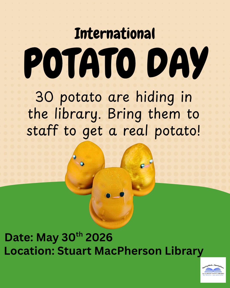 LLBC_Libraries's tweet photo. Join us next Saturday and celebrate International Potato Day with us! 

#Scavengerhunt  #InternationalPotatoDay #LibraryEvent https://t.co/Rlmbx7660g