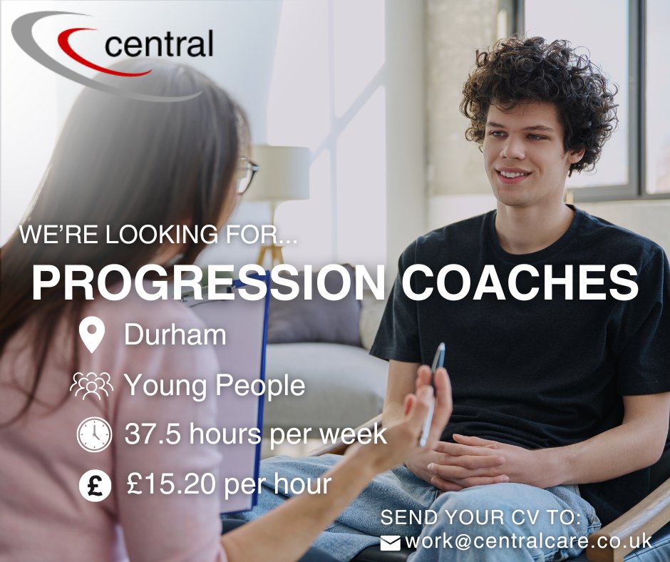 centralcares's tweet photo. We’re hiring Progression Coaches in Durham! Multiple shift patterns available | £15.20 /hr | 37.5 hrs/wk | Support young people on their pathway to independence.

🚨Apply now: work@centralcare.co.uk
🔗 https://t.co/l3Te8pxv9T https://t.co/6qqnSZdyhV