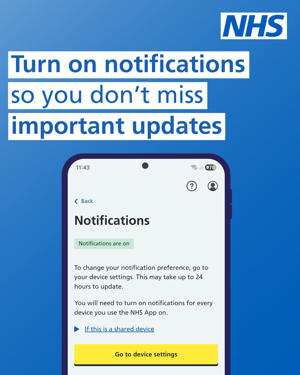 NHSuk's tweet photo. Cervical screening updates? They’re in the NHS App. 

Invitations, reminders and routine screening results are now in one place. Turn on notifications so you don’t miss important updates. 

If your result needs further follow-up, you’ll also be contacted directly by the NHS.