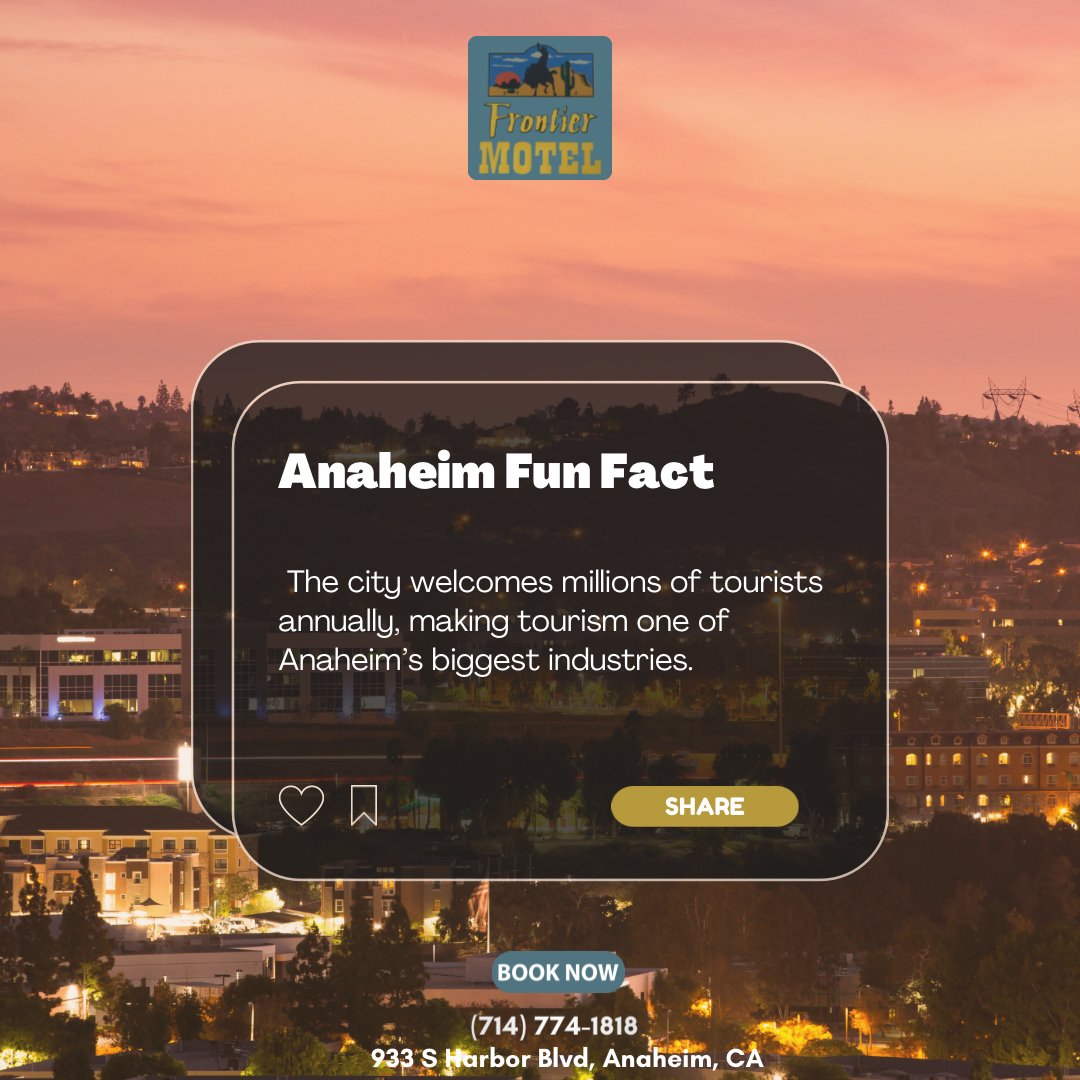 FrontierMotel's tweet photo. ANAHEIM FUN FACT 🎢✨
Anaheim welcomes millions of tourists every year, making tourism one of the city’s biggest industries.

Stay with us and be close to all the excitement.

📞 (714) 774-1818
BOOK NOW

#FrontierMotelAnaheim #AnaheimCA #FunFact #TourismCity https://t.co/0bis6QUGMm
