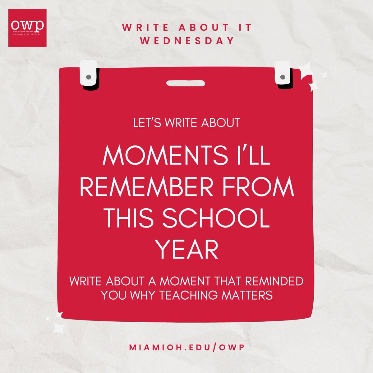 owpmu's tweet photo. 🏫 As the school year comes to a close, take a moment to reflect on the memories that made an impact.

✍ Write about a moment from this school year that reminded you why teaching matters. 

#OWP #ohiowritingproject #writingproject #writingprompt #school https://t.co/4MS69vhXFg
