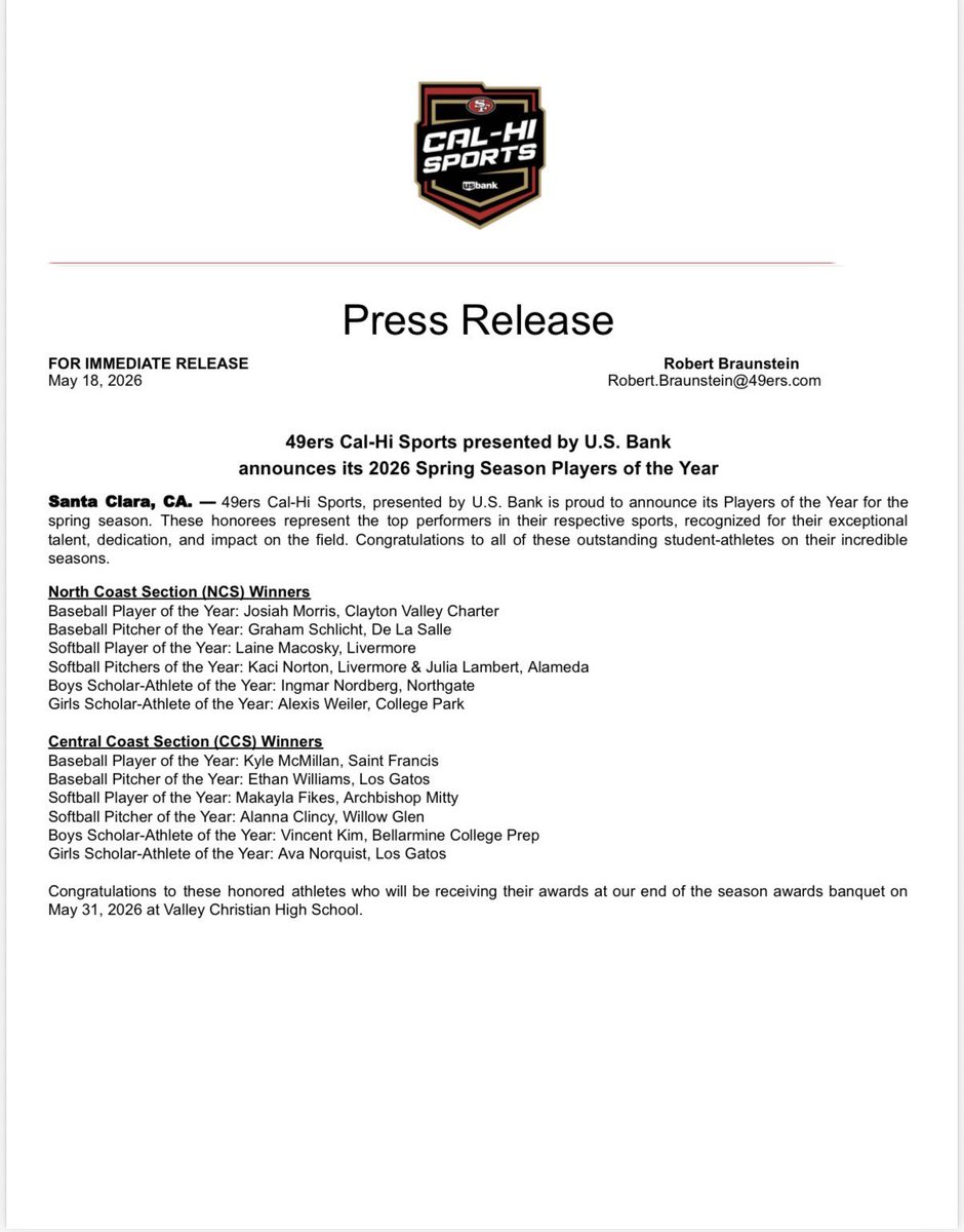 AlannaClincy's tweet photo. I am so grateful to have been selected as the CCS Pitcher of the year!! Thank you @49erscalhi for this recognition and for covering Willow Glen Softball! Now on to CCS! Go Rams! ❤️ 💛 https://t.co/FMZiOoKEH8