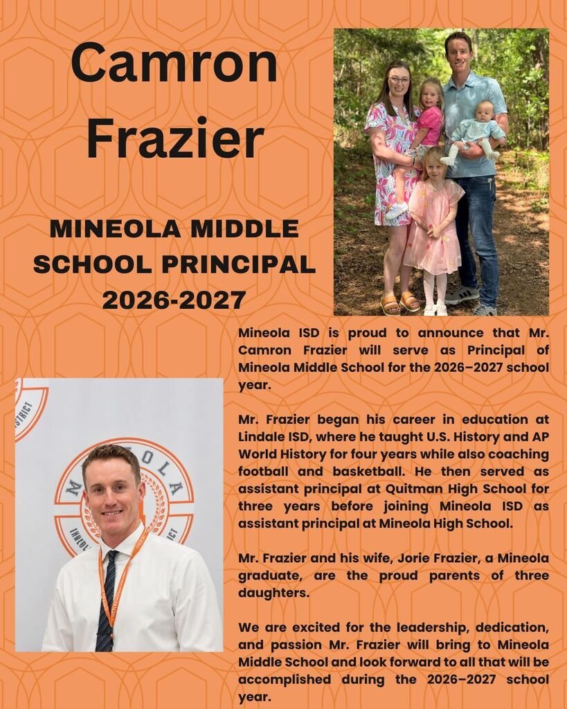 MineolaISD's tweet photo. Mineola ISD is proud to announce that Mr. Camron Frazier will serve as Principal of Mineola Middle School for the 2026-2027 school year. https://t.co/ezDcHY6gNQ