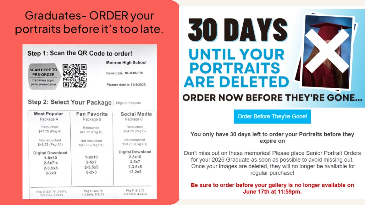 MonroeHSNC's tweet photo. Graduates- Don't forget to order your portraits.  #itsagreatdaytobeaseniorredhawk @UCPSNC @AGHoulihan https://t.co/Egcfrrl35P