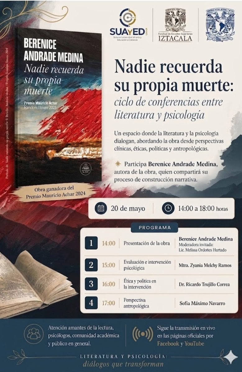 ricsoft74's tweet photo. "Nadie recuerda su propia muerte": ciclo de conferencias entre literatura y psicología.

Sigue la transmisión en vivo en las página oficiales por Facebook y YouTube https://t.co/rkW5by7XWq https://t.co/bWnQ8ic5ek